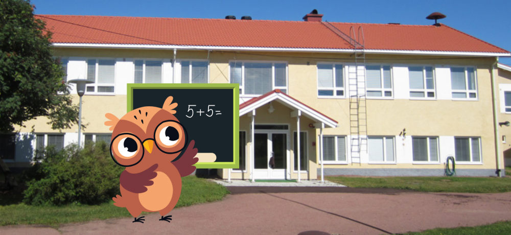 bild på sottunga grundskola och en animerad uggla som lärare