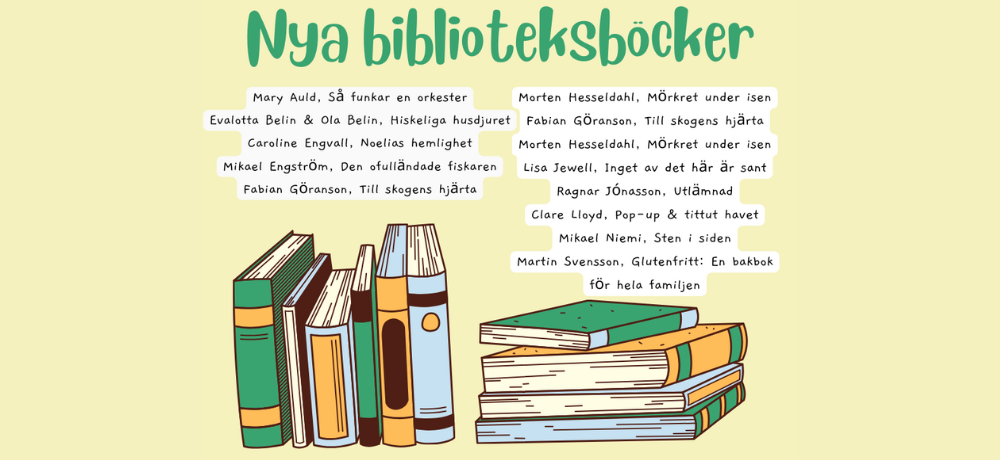 Bild av böcker och information om de nya böckerna som har kommit till biblioteket.
