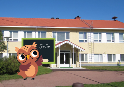 bild på sottunga grundskola och en animerad uggla som lärare